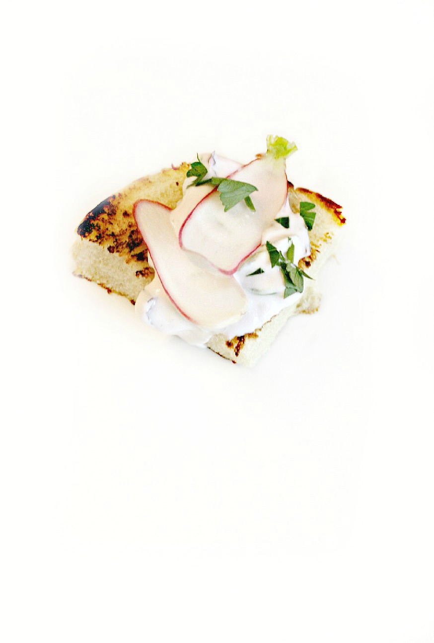 farm to chef egg bread with grilled swiss chard, sour cream and radish white 5