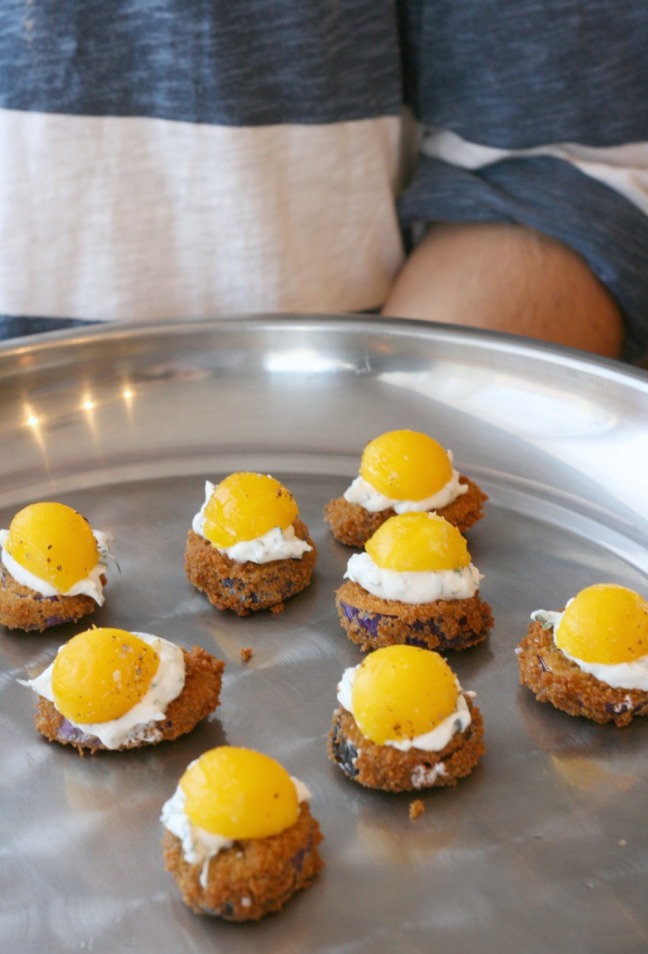 farm to chef platter fried eggplant topped with herbed yogurt and smoked egg yolk